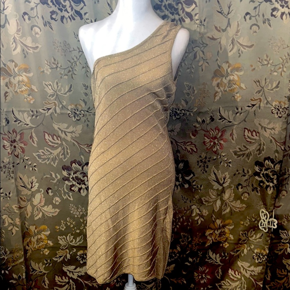 Bebe Elegant Gold One-Shoulder Dress M